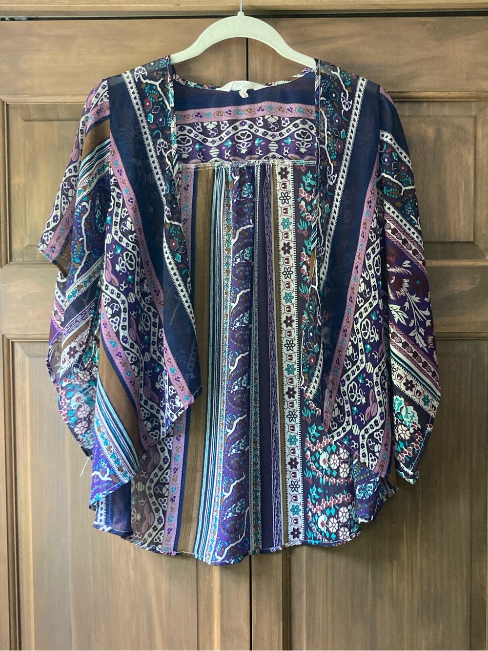 Black Poppy Sheer Purple Prints Open Jacket/Wrap Small